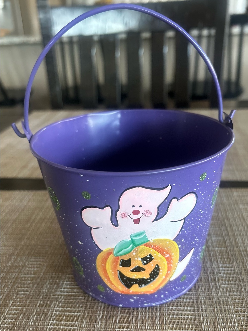 Purple Halloween Treat Bucket with Ghost & Pumpkin Design